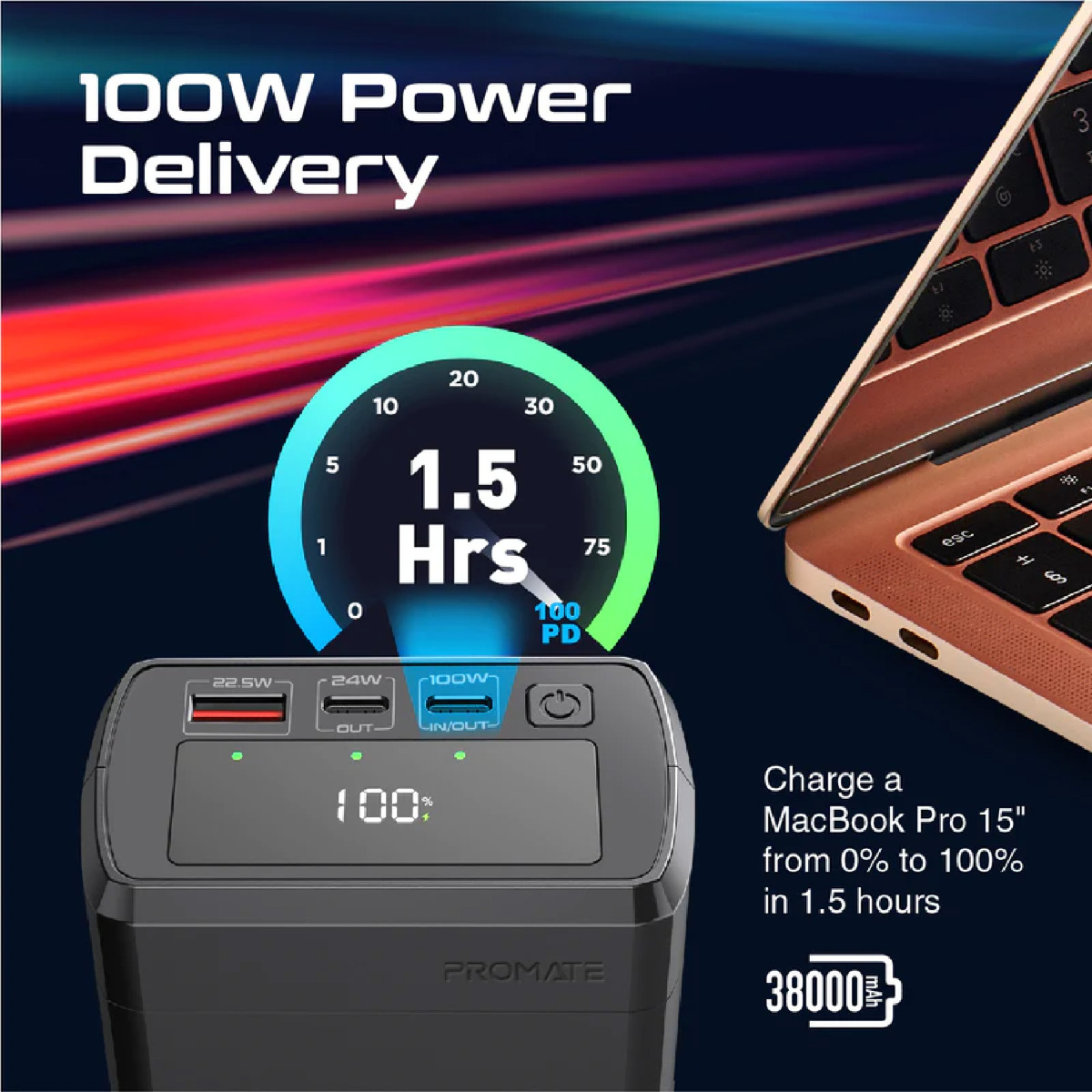 Promate 38000mAh/130W Quick Charging Power Bank PowerMine-130W
