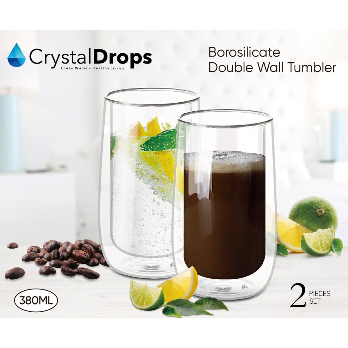Crystal Drops Borosilicate Double Wall Tumbler Set, 380 ml, 2 Pcs, 249