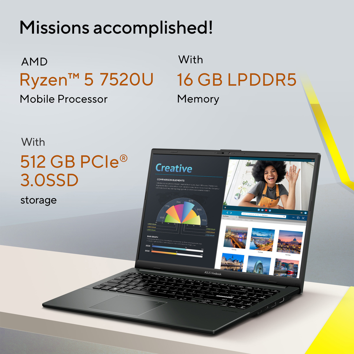 Asus Vivobook Go 15 OLED Laptop, 15.6 inches, AMD Ryzen 5 7520U, 16 GB RAM, 512 GB Storage, AMD Radeon Graphics, Windows 11 Home, Mixed Black, E1504FA-OLEDR5W