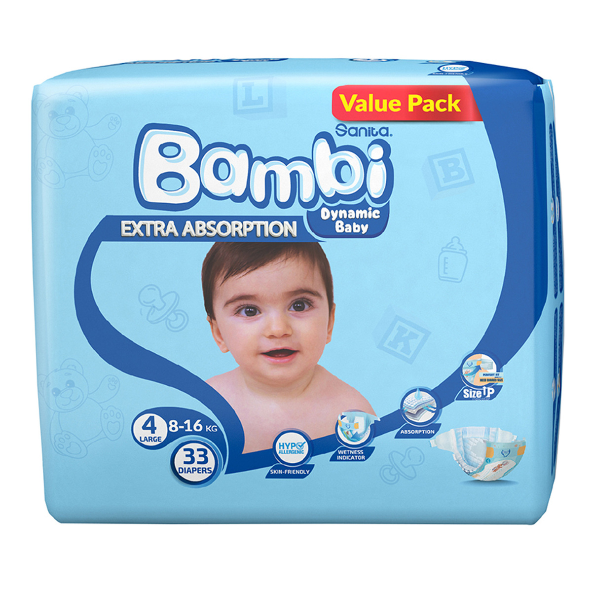 Sanita Bambi Baby Diaper Value Pack Size 4 Large 8-16kg 33 pcs