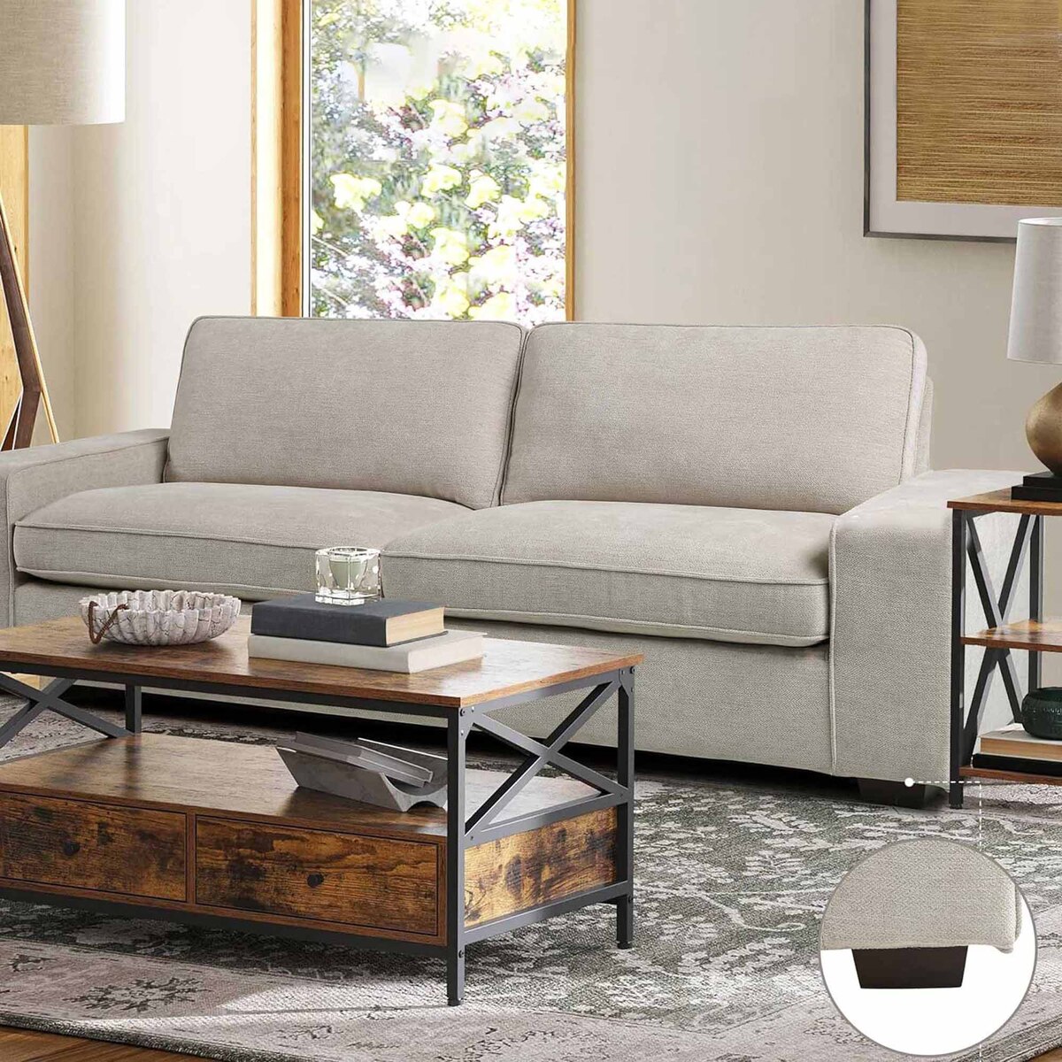 Timeless Grace, Beige 2-Seater Wide Armset Fabric Sofa, Solid woodframe, Comfy for Guest room, Living Room, Bedroom