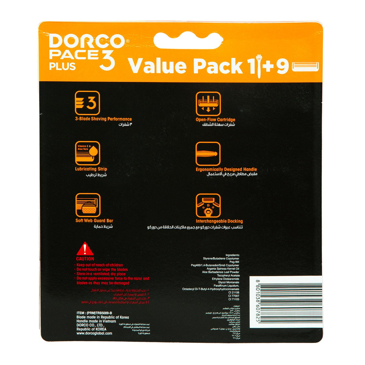 Dorco Pace3 Plus Razor For Men 1 Handle + 9 Cartridges