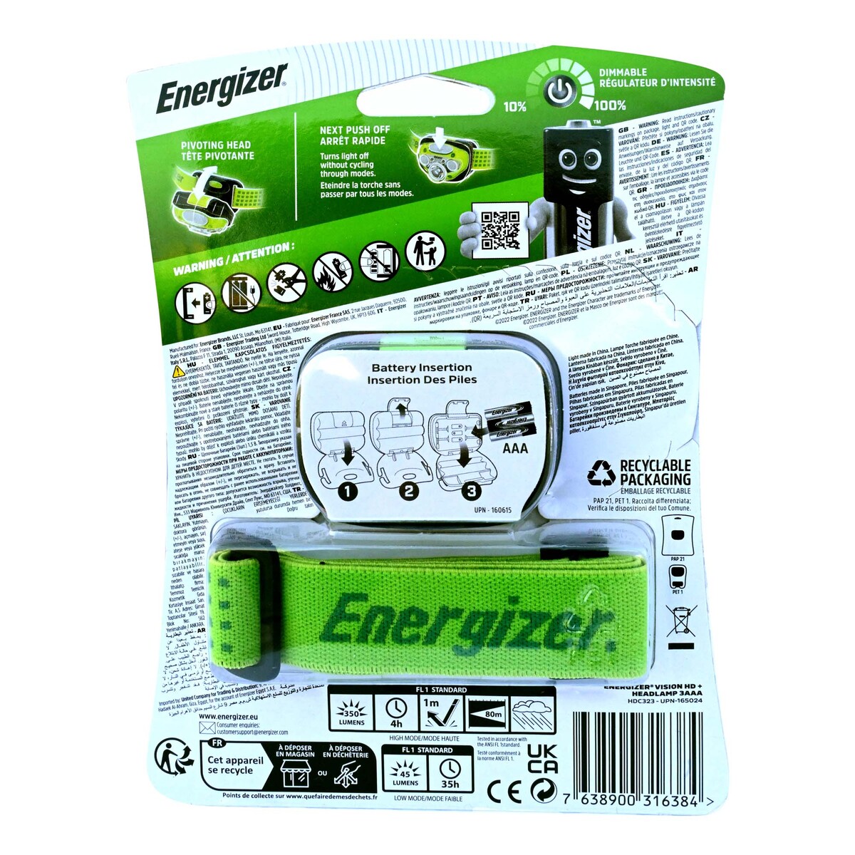 Energizer Vision HD+ LED Headlamp, 350 Lumens, Green