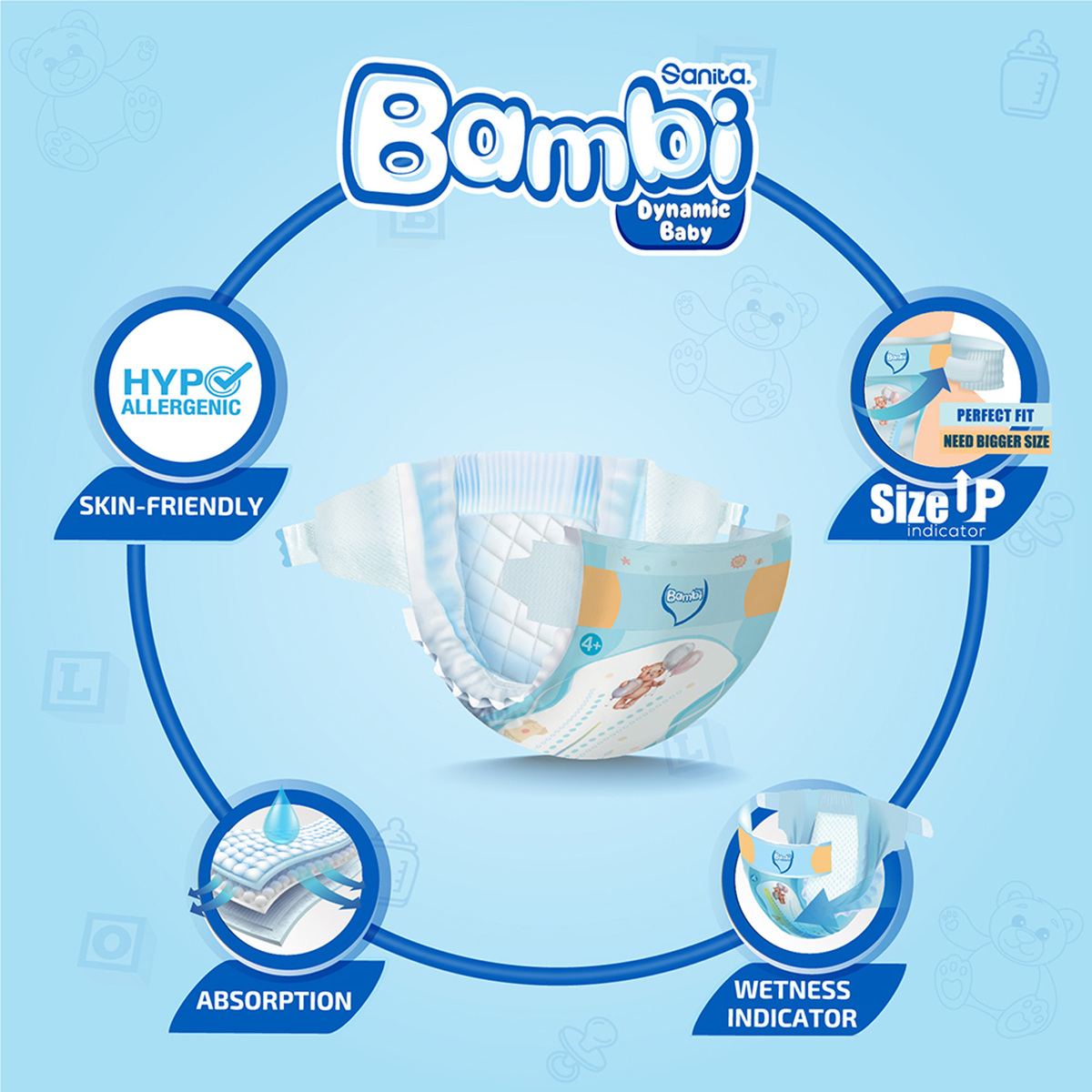 Sanita Bambi Baby Diaper Jumbo Pack Size 4+ Large Plus 10-18kg 58 pcs