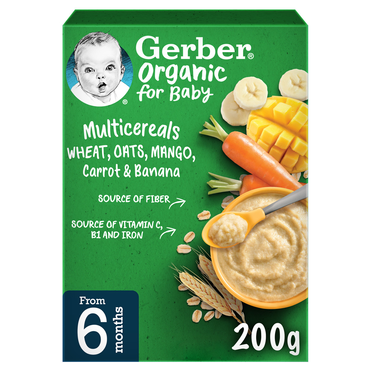 Gerber Organic Baby Multicereals Wheat Oats Mango Carrot & Banana From, 6 Months, 200 g
