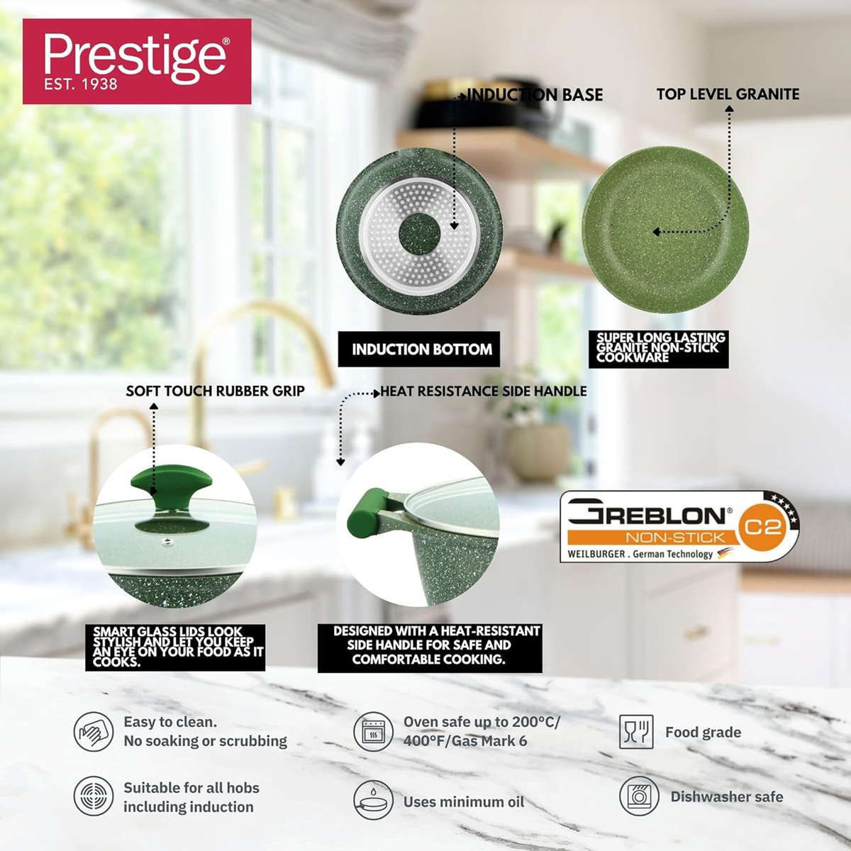 Prestige Essentials Granite Casserole With Lid + Fry Pan 26cm Green