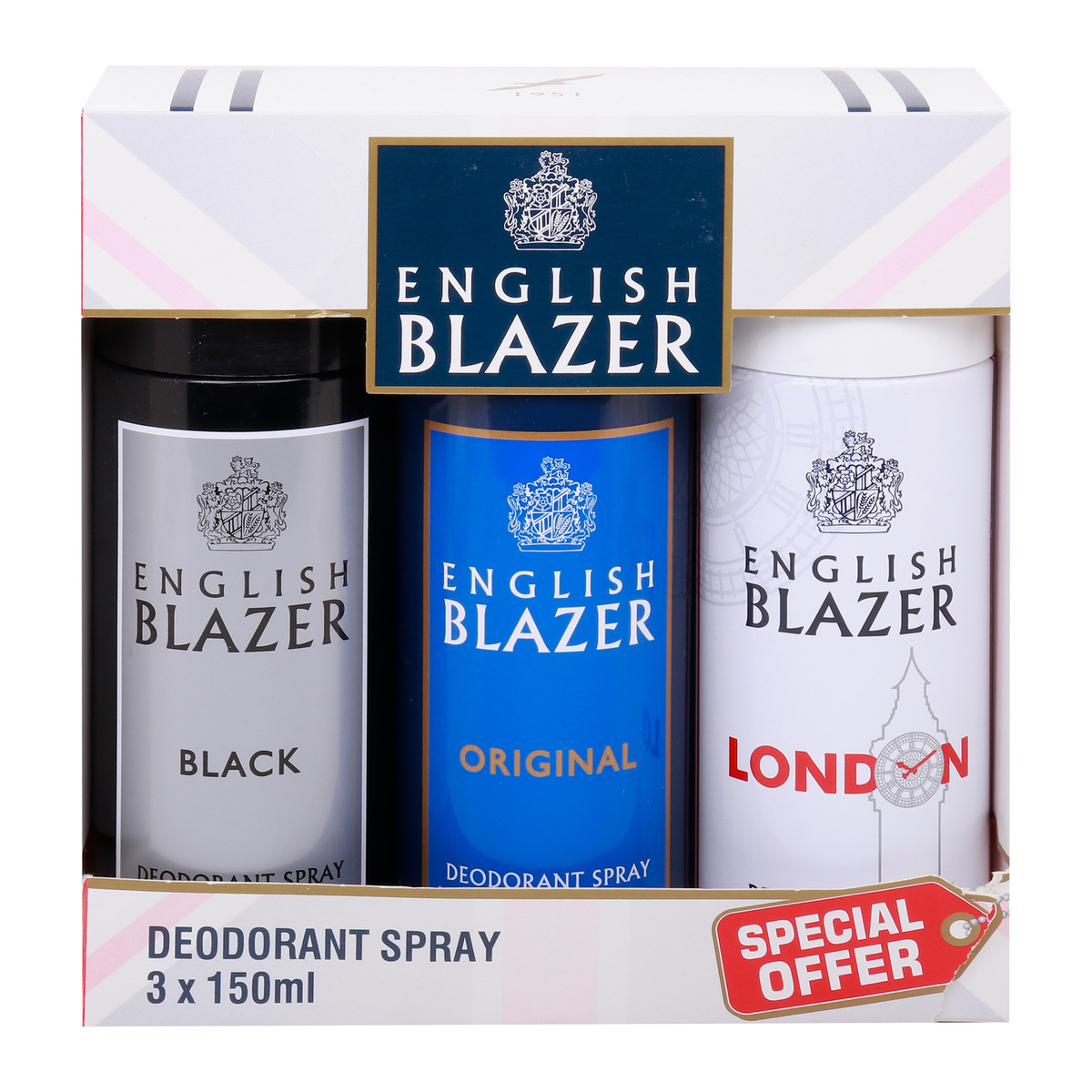 Parfums Bleu Deo Spray Men London 150 ml + Deo Spray Men Black 150 ml + Original Deo Spray Men 150 ml