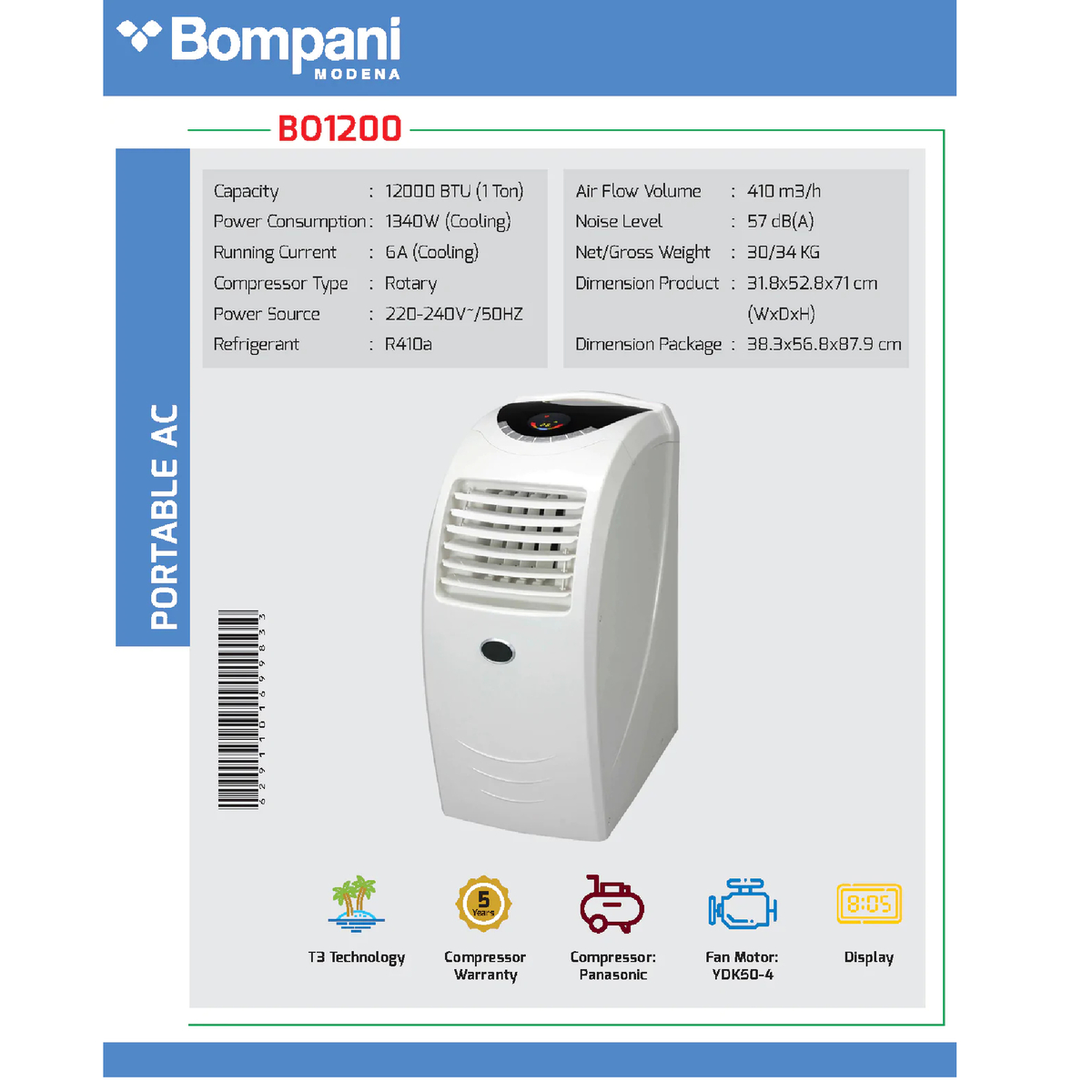 Bompani Portable Air Conditioner with Rotatory Compressor, White, BO1200