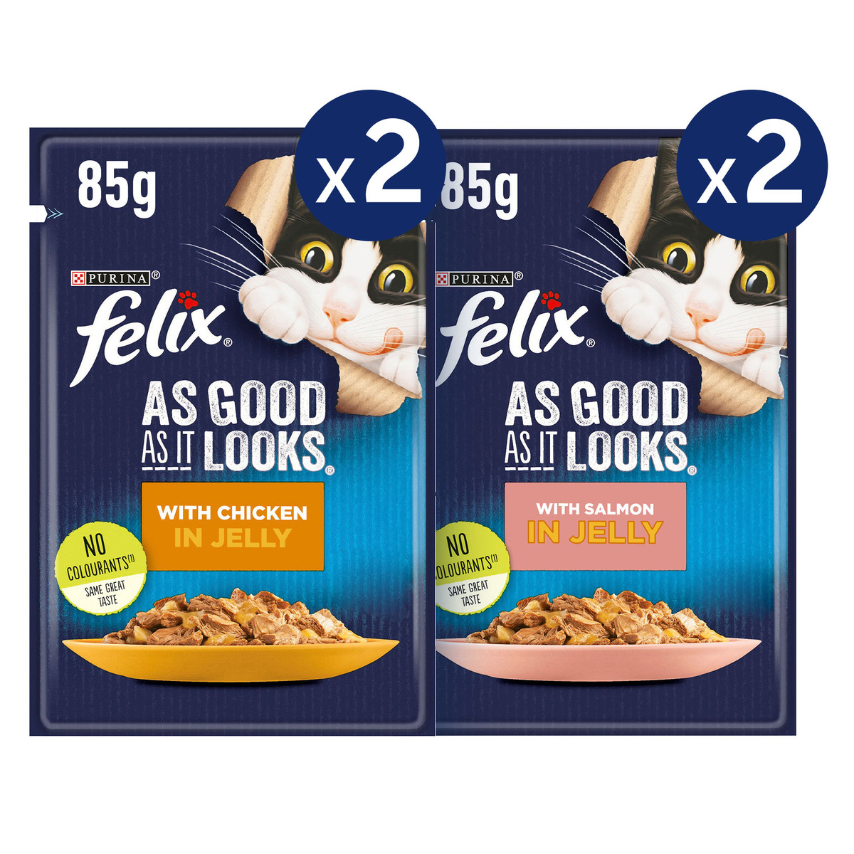 Purina Felix As Good As It Looks Adult Cat Food in Jelly (2 x 85 g Chicken Pouches + 2 x 85 g Salmon Pouches)