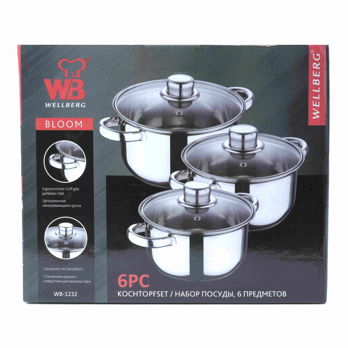 Wellberg Bloom Cookware Set, 6 pcs, Stainless Steel, 14 cm + 16 cm + 18 cm + Lids