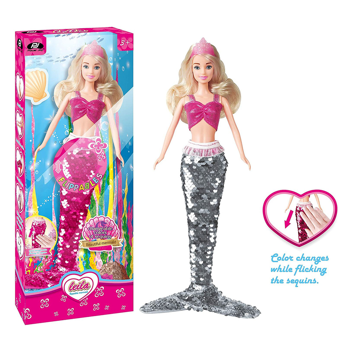 Power Joy Leila Fippable Mermaid Doll, Pink/Grey, CRB604