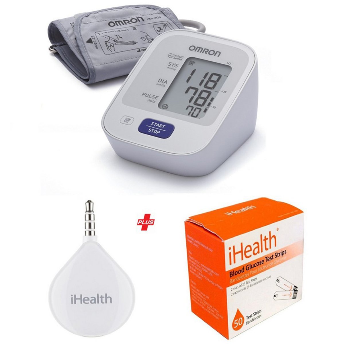 Omron Blood Pressure Monitor M2 Basic + I Health Glucometer + 50 Strips