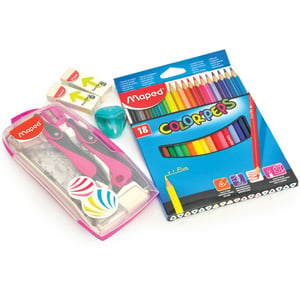 مابد أدوات هندسية + أقلام تلوين خشبية 18 لون + ممحاة حبتين + براية - حبة واحدة