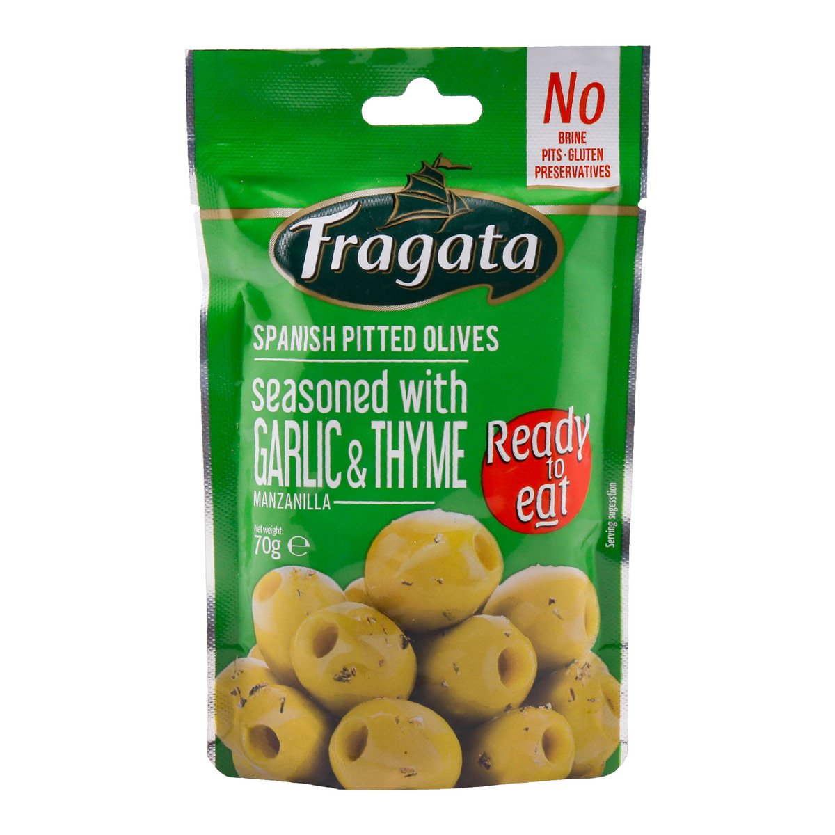 Fragata Spanish Pitted Olives Seasoned With Garlic & Thyme Manzanilla 70g