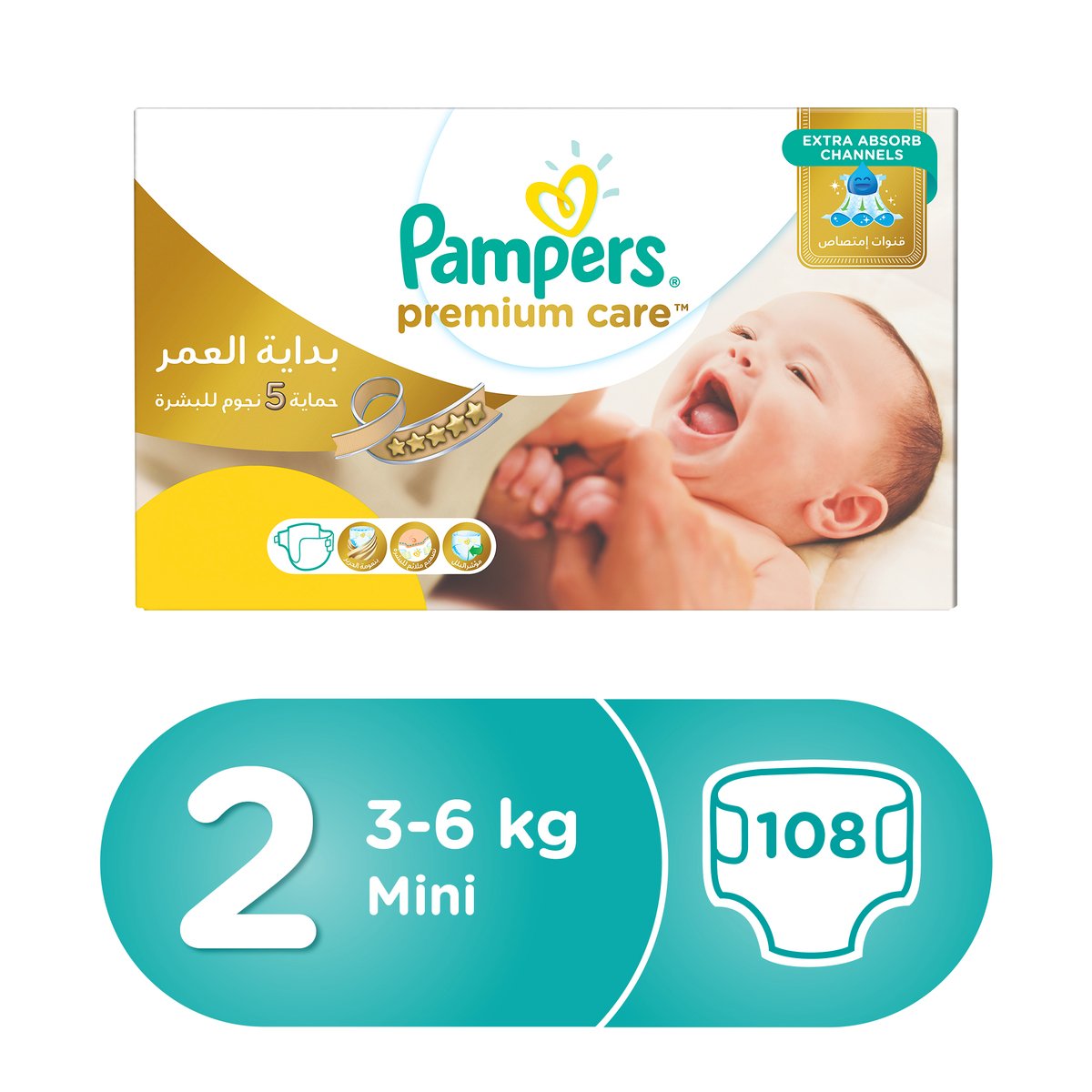 Pampers Premium Care Diapers, Size 2, Mini, 3-6kg, Mega Box, 108pcs Count
