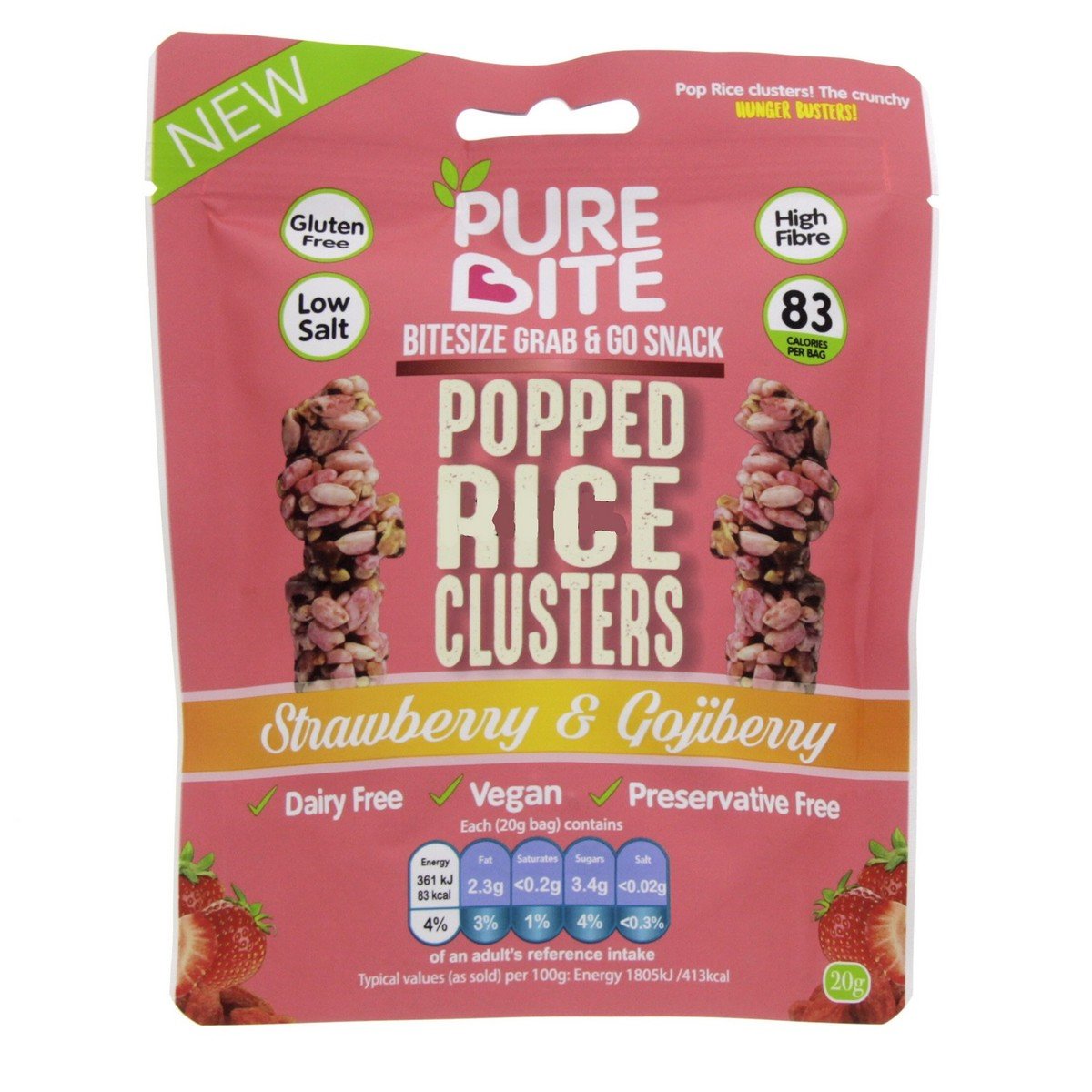Pure Bite Popped Rice Clusters Strawberry & Goji Berry Gluten Free 20 g