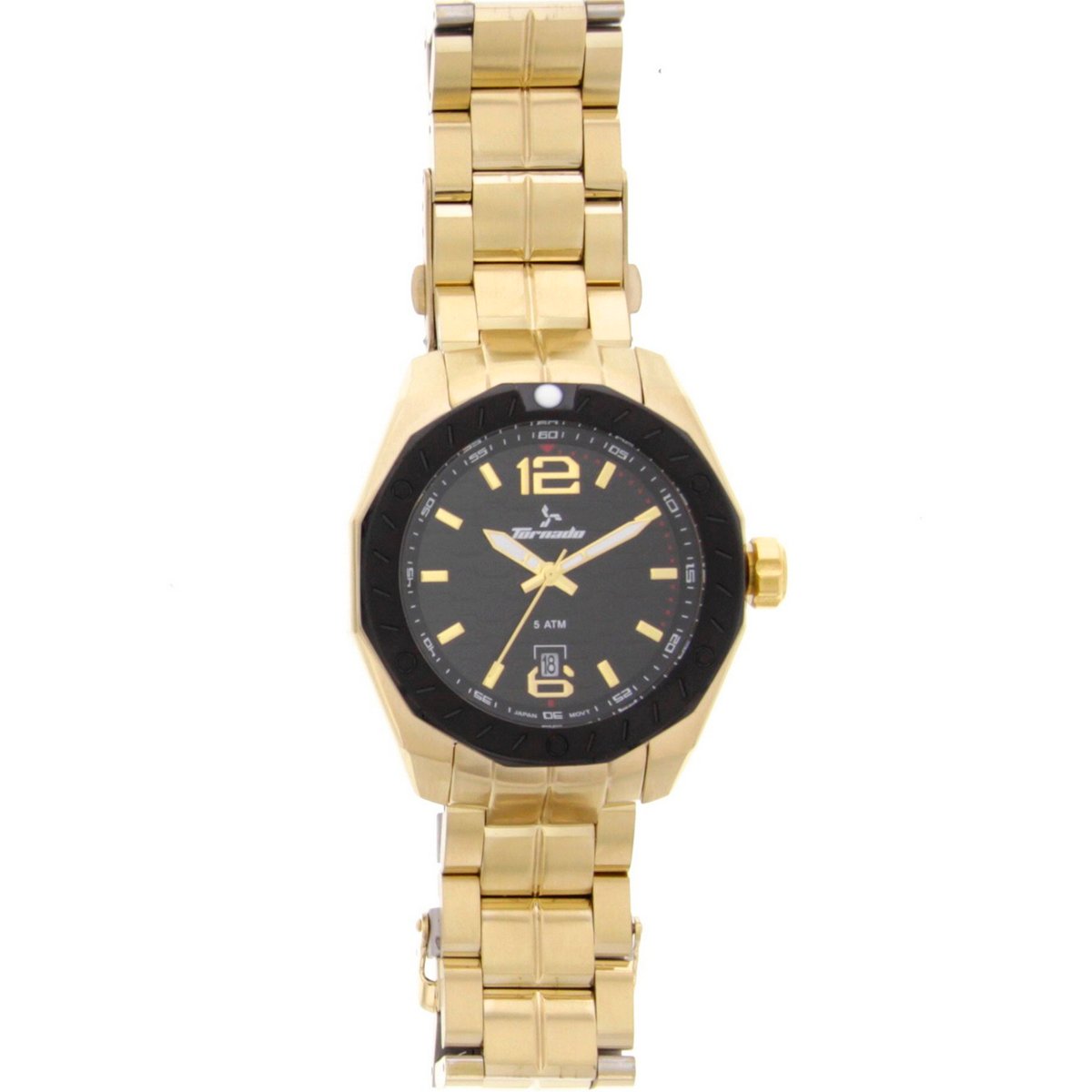Tornado Men's Analog Watch Black Dial Stainless Steel Gold Band T5023-GBGB