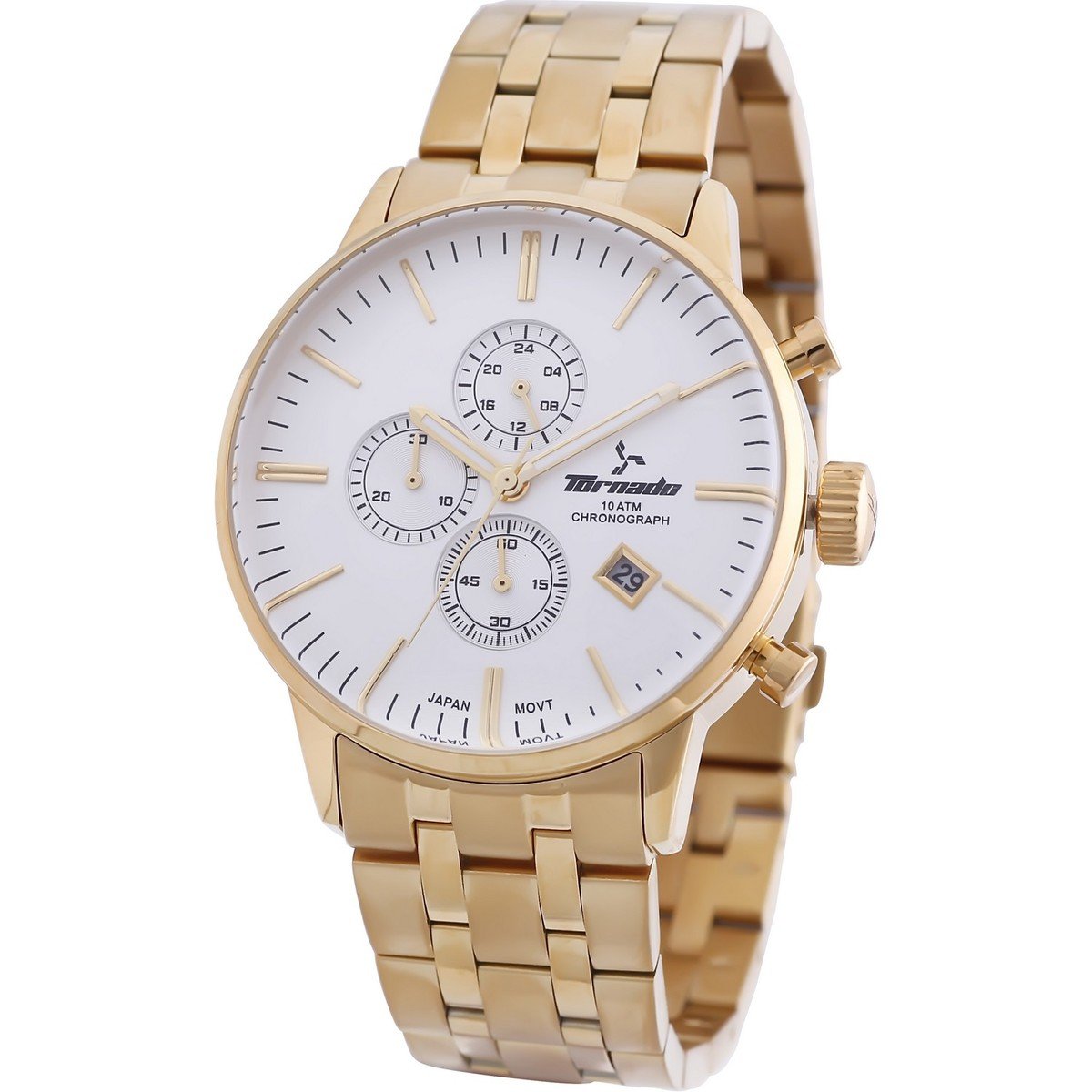 Tornado Men's Chronograph Watch White Dial Stainless Steel Gold Band- T6102-GBGW