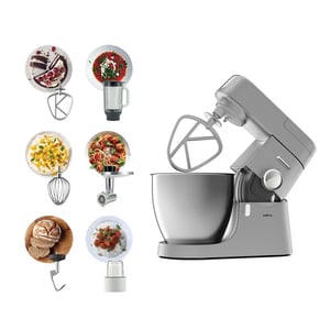Kenwood Metal Body Stand Mixer Kitchen Machine CHEF XL 1200W with 6.7L Stainless Steel Bowl, K-Beater, Whisk, Dough Hook, Glass Blender, Meat Grinder, Grinder Mill KVL4230S Silver