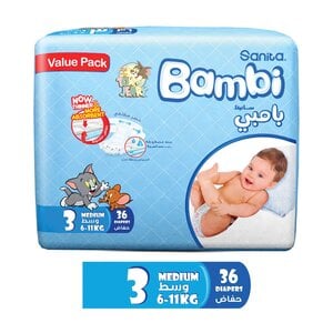 Sanita Bambi Baby Diaper Size 3 Medium 6-11kg Value Pack 36pcs