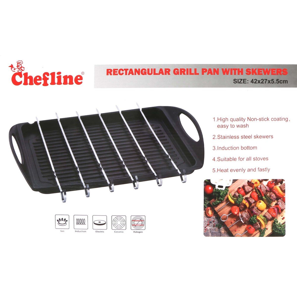 Chefline Induction Bottom Die Cast Aluminum Grill Pan, Rectangle, Black, XGP-03E