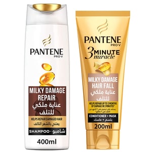 Buy Pantene Pro-V 3 Minute Miracle Milky Damage Repair Conditioner + Mask 200 ml& Pantene Pro-V Milky Damage Repair Shampoo 400 ml Online at Best Price | Shampoo | Lulu Kuwait in UAE