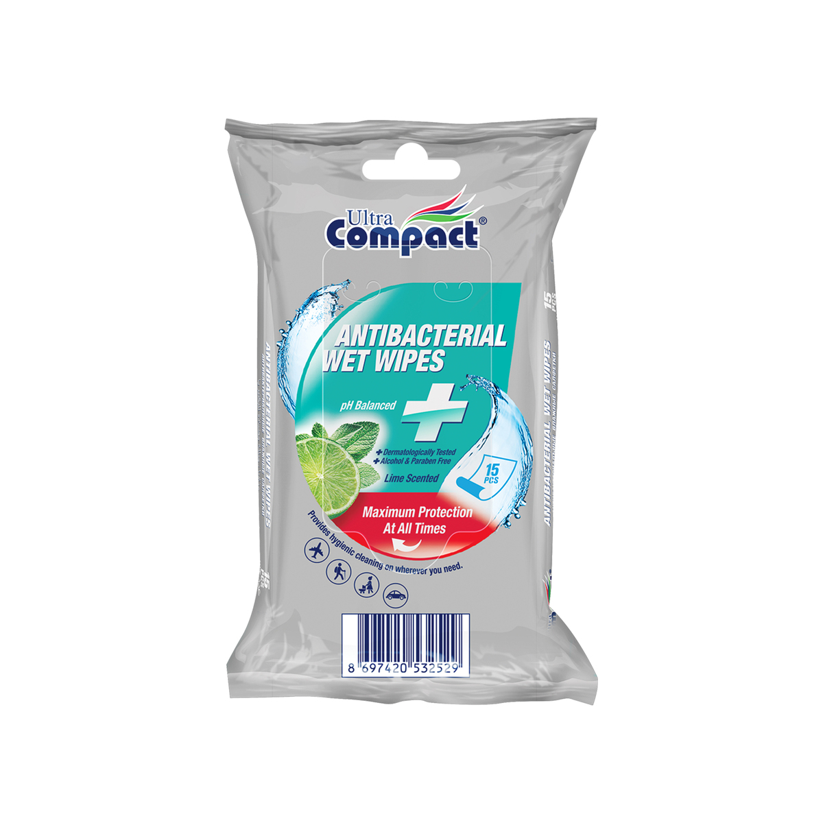 Ultra Compact Wet Wipes Antibacterial 15pcs