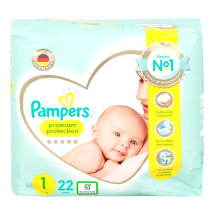 اشتري قم بشراء Pampers Premium Baby Diapers Size 1, 2-5kg 22pcs Online at Best Price من الموقع - من لولو هايبر ماركت Baby Nappies في الكويت