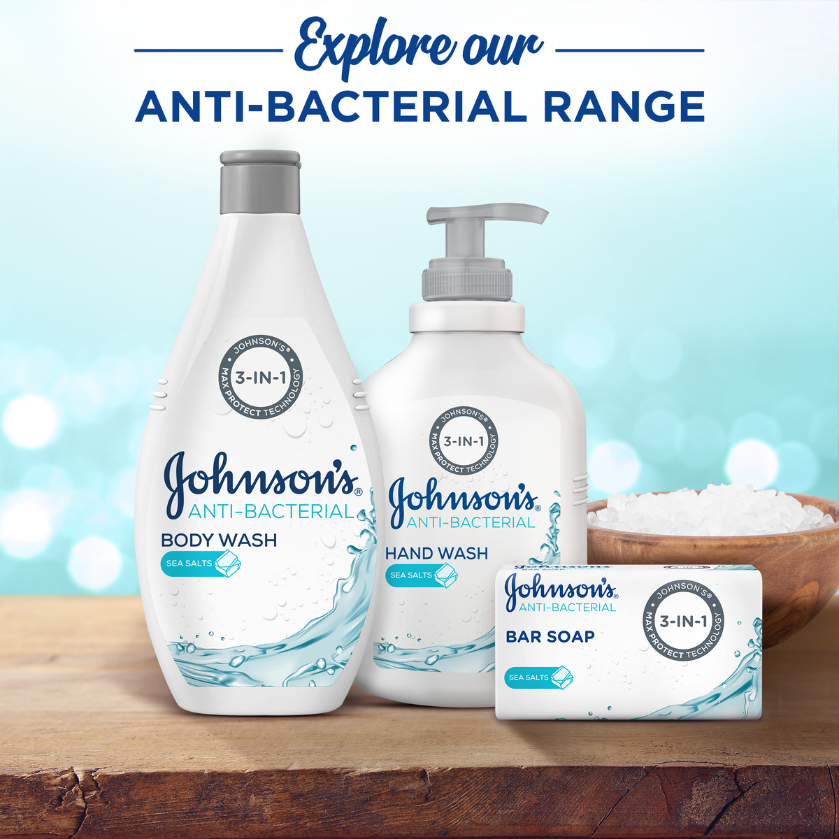جونسون 3 x 1 سائل تنظيف اليدين مضاد للبكتيريا بملح البحر 500 مل