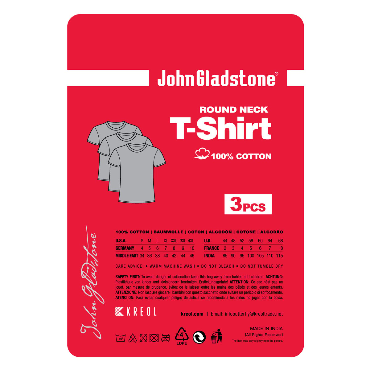 John Gladstone Men's Inner T-Shirt (Round Neck) 3Pc Pack White Medium