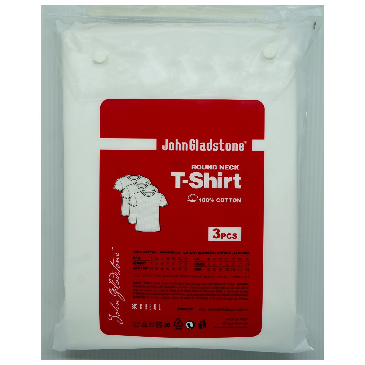 John Gladstone Men's Inner T-Shirt (Round Neck) 3Pc Pack White XXL
