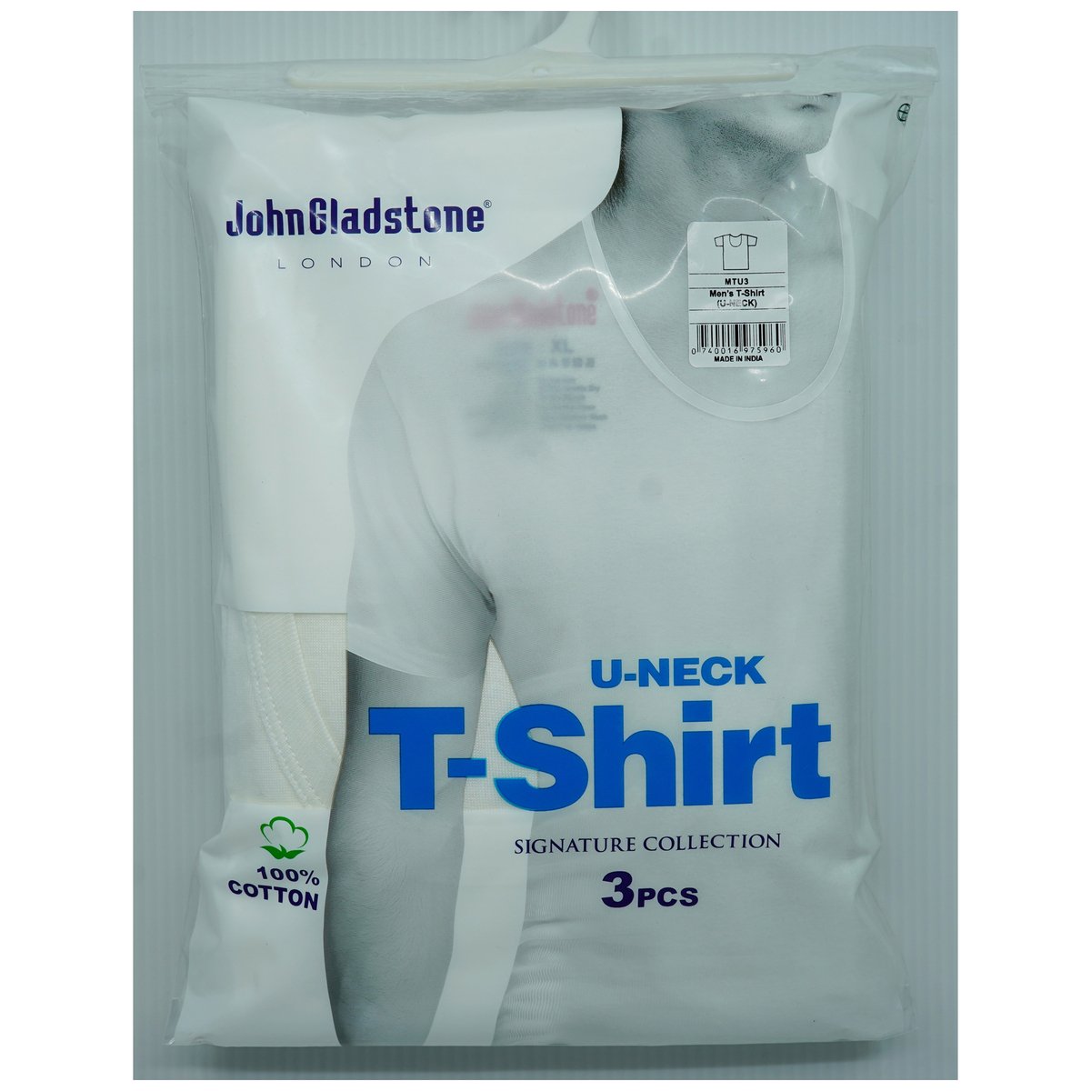 John Gladstone Men's Inner T-Shirt (U-Neck) 3Pc Pack White Medium