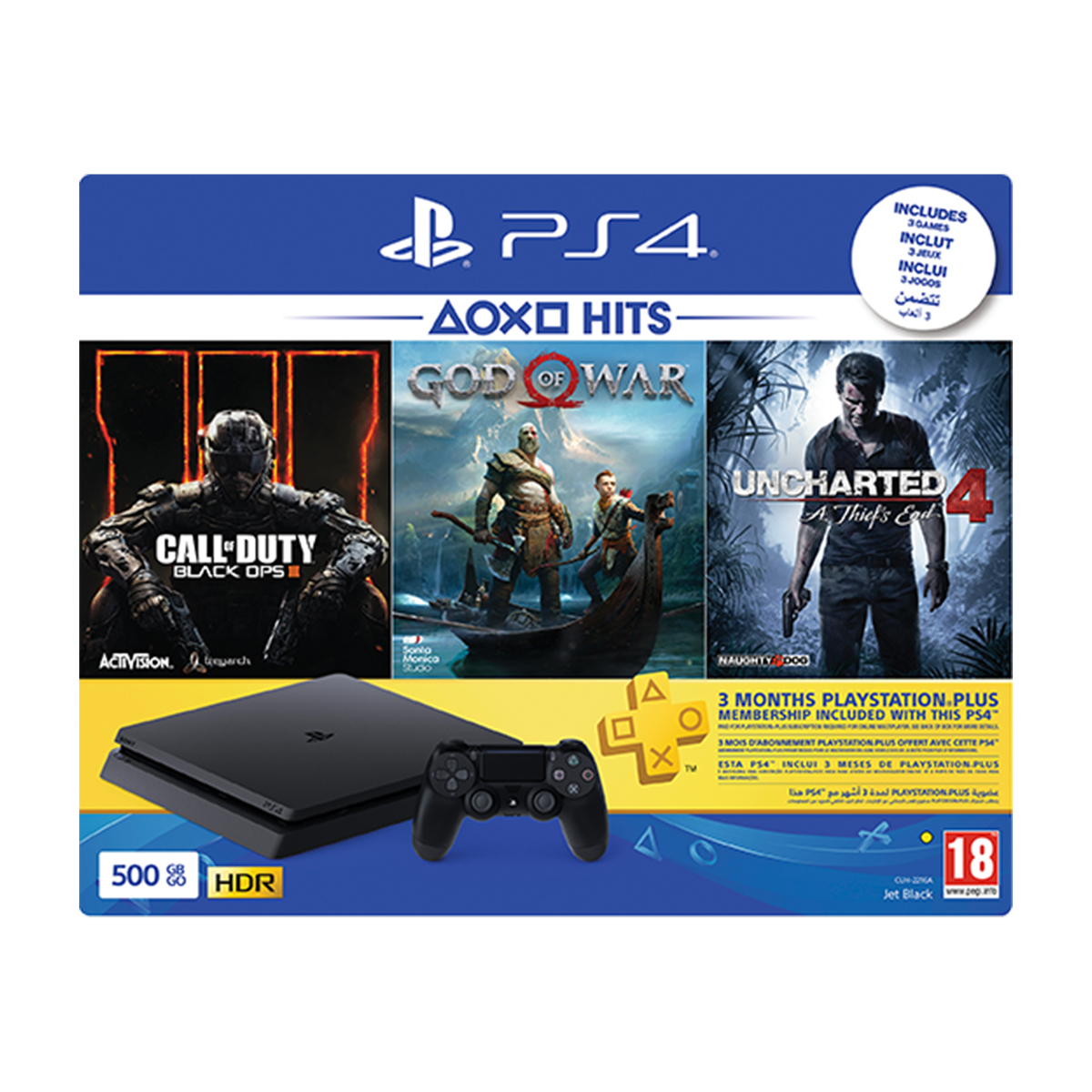 Sony PlayStation 4 500GB + Call of Duty Black Ops + God Of War + Uncharted 4 + PS Plus 90Days Subscription