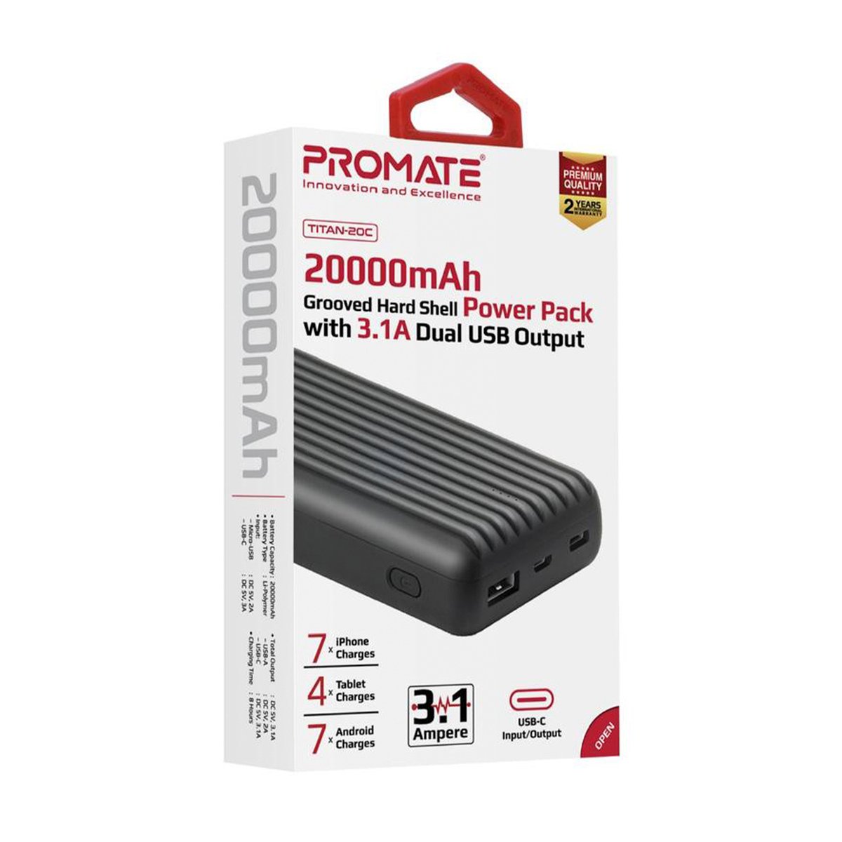 Promate 20000mAh High-Capacity Power Bank with 3.1A Dual USB Output TITAN-20C