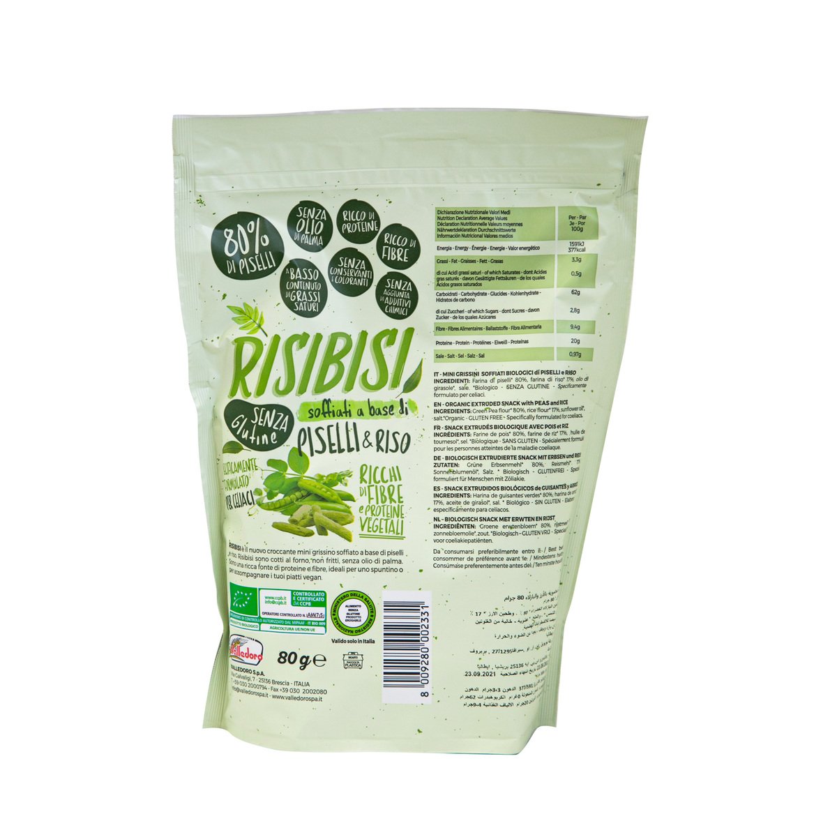 Valledoro Organic Snack With Peas And Rice 80 g