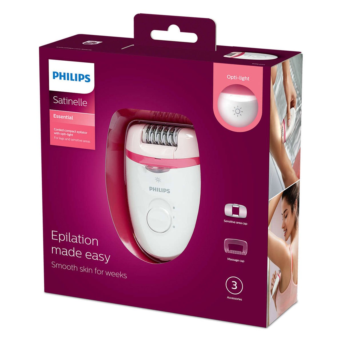 Philips Satinelle Essential Corded Compact Epilator, White, BRE255/00