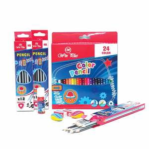 Win Plus Color Pencils 24pcs + HB Pencils 3x12pcs + Sharpener 2pcs + Eraser 2Pcs + Glue Stick