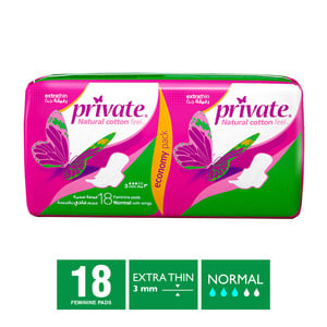 Private Natural Cotton Feel Extra Thin Normal Sanitary Pads With Wings 18 pcs