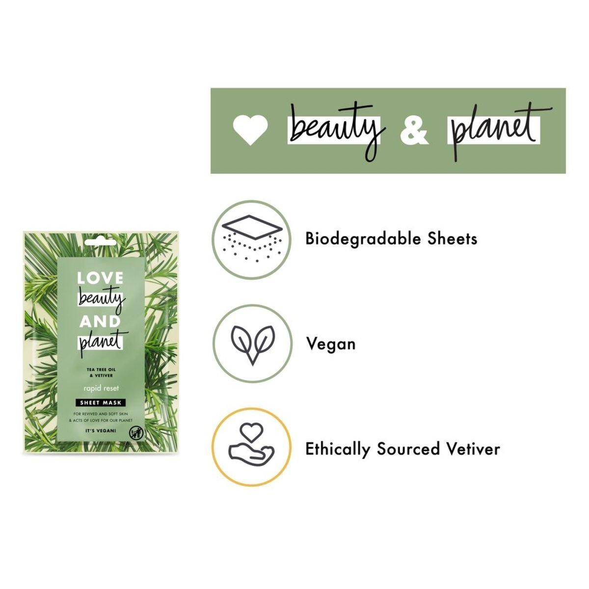 Love Beauty and Planet Sheet Mask Rapid Reset Tea Tree Oil & Vetiver 1 pc