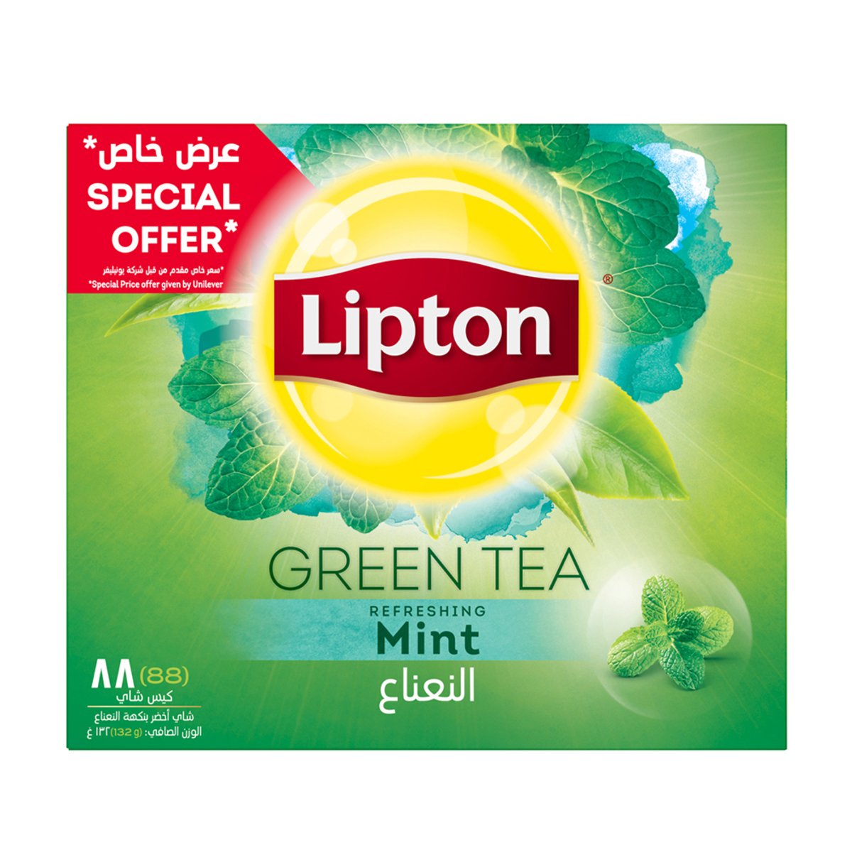 ليبتون شاي أخضر بالنعناع المنعش عبوة اقتصادية 88 كيس شاي