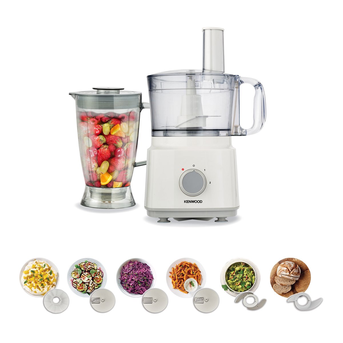 Kenwood Food Processor 750W Multi-Functional with 3 Interchangeable Disks, Blender, Whisk, Dough Maker FDP03 White