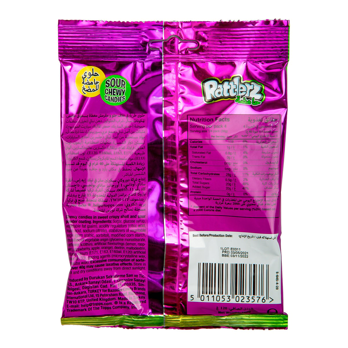Bazooka Candy Rattlerz Sour Chewy, 120 g
