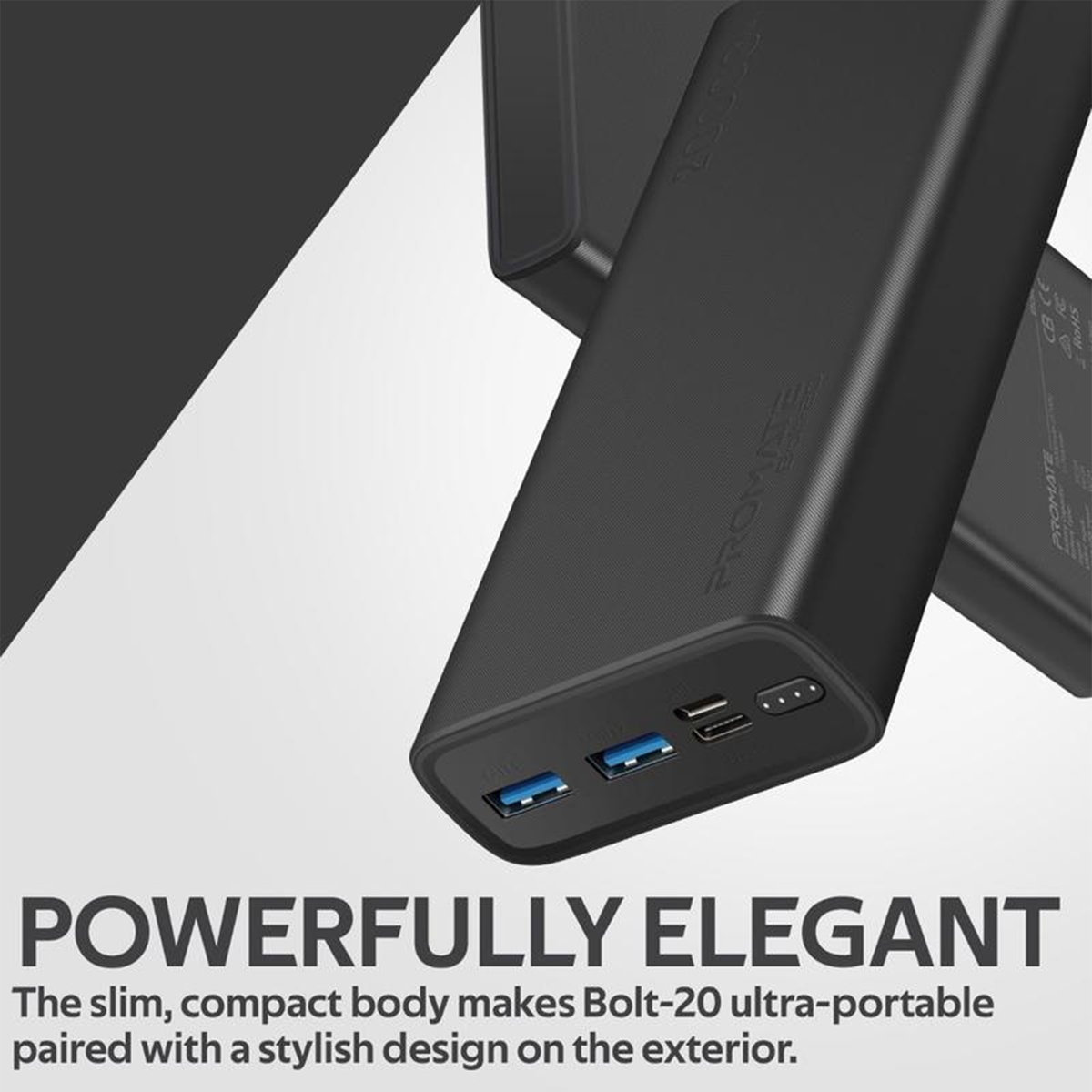 Promate - Bolt 20 20000mAh Portable Power Bank Super-Slim Fast Charging with 2A Dual USB Port Black
