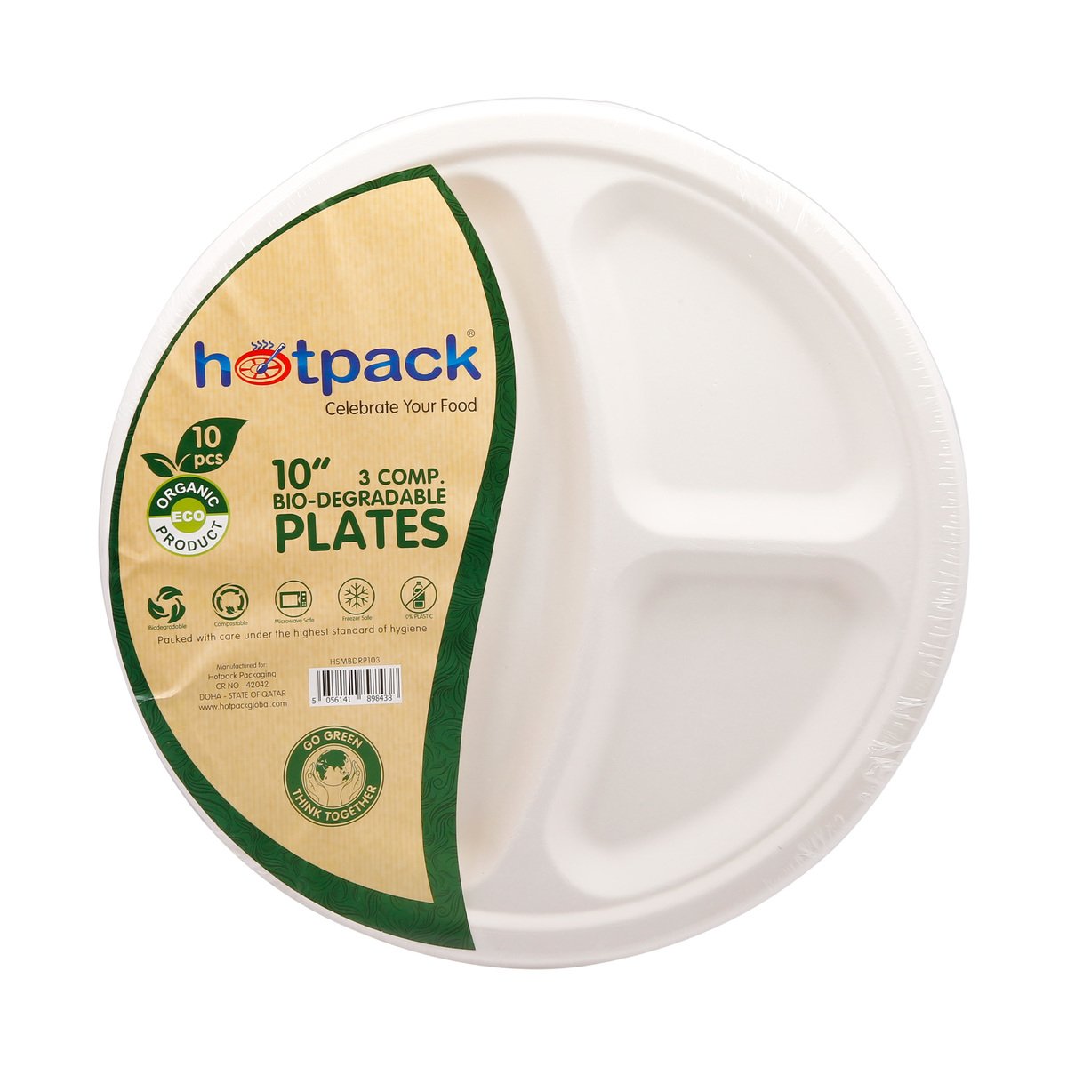 Hotpack Bio-Degradable Paper Plates 3 Comp 10" 10pcs