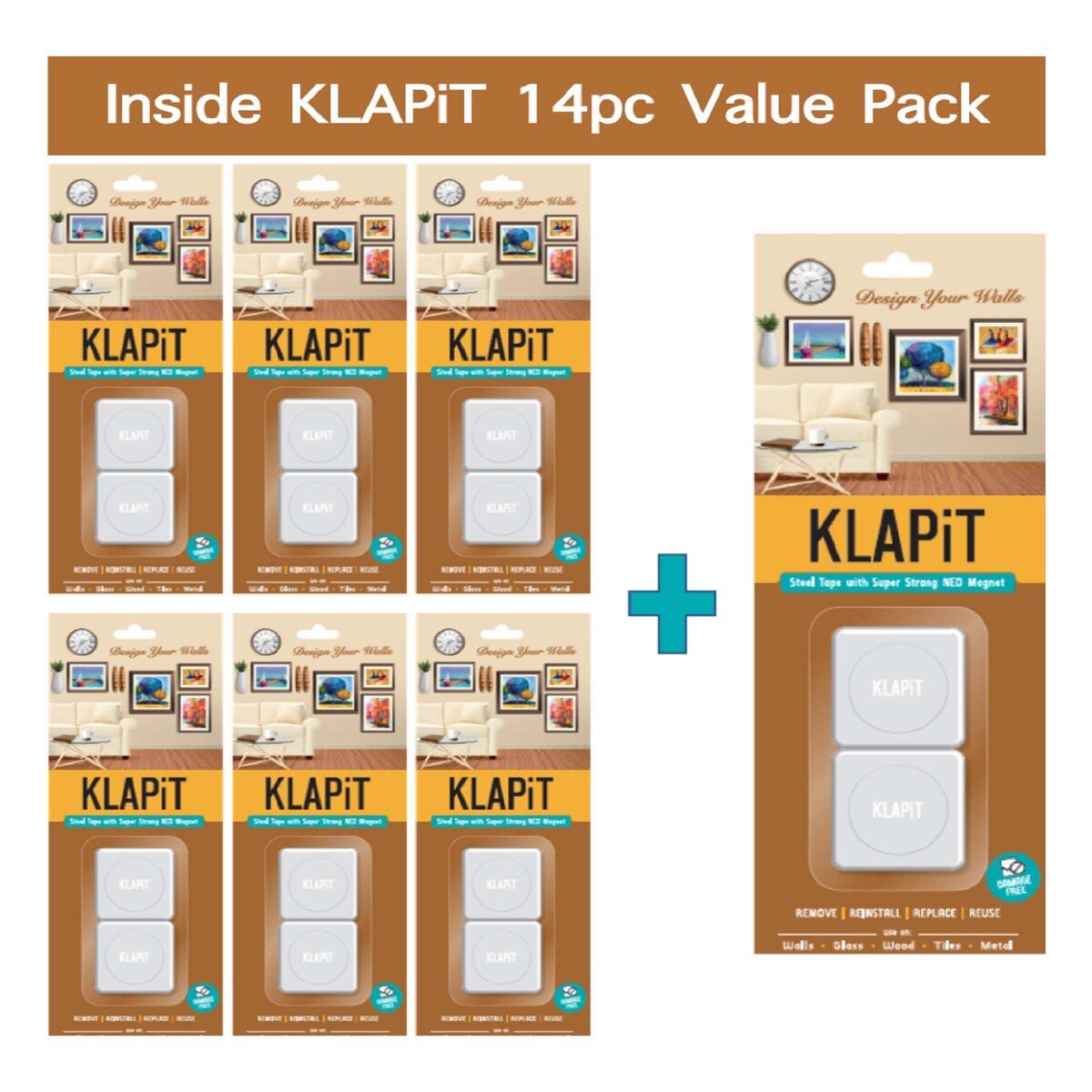 KLAPiT Magnetic Wall Strips For Damage Free Hanging Pictures & Frames 49WWB14P 14pcs