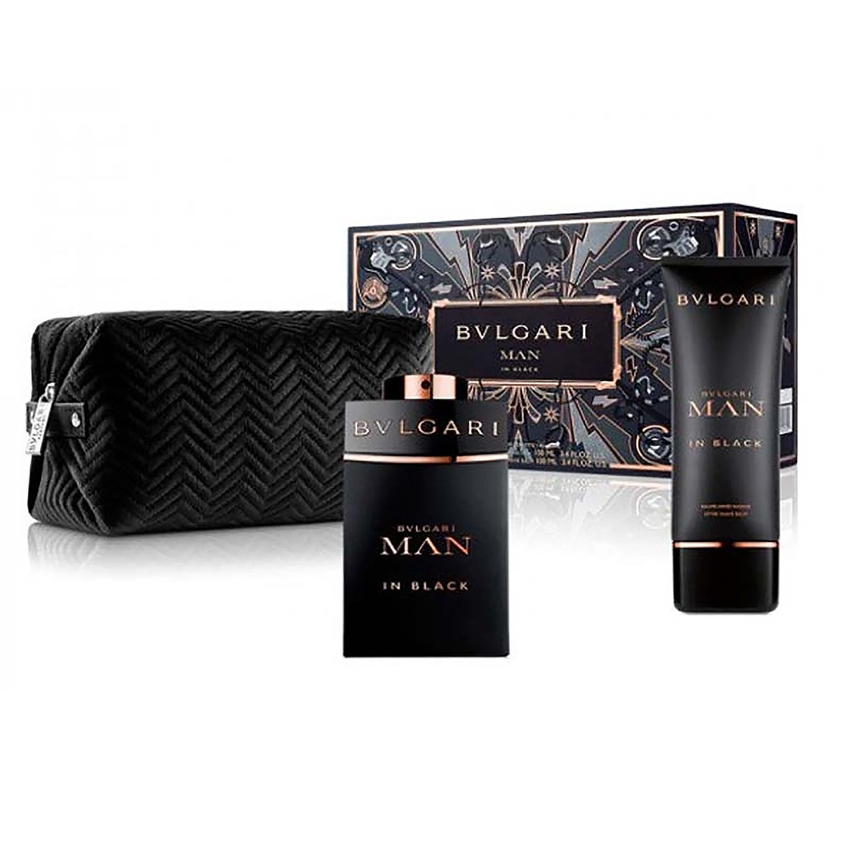 BVLGARI Man In Black Eau De Parfum Gift Set For Men, 100ml EDP + 100ml After Shave Balm + Pouch (Soft Box) Set