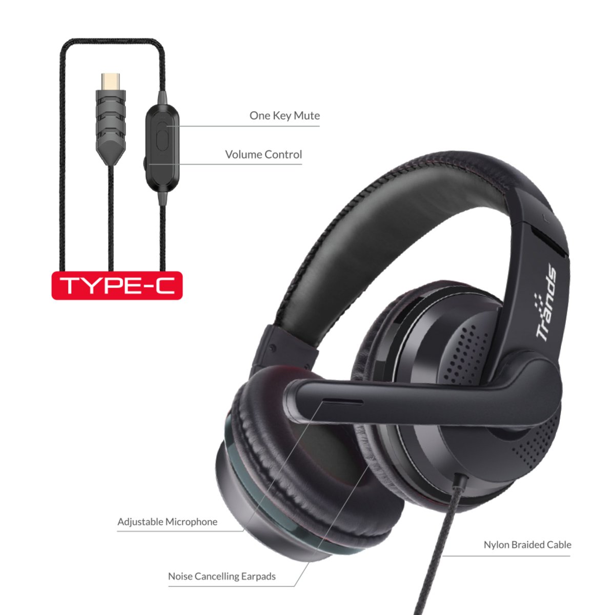 Trands Type-C Stereo Wired Headphones with Microphone HS998