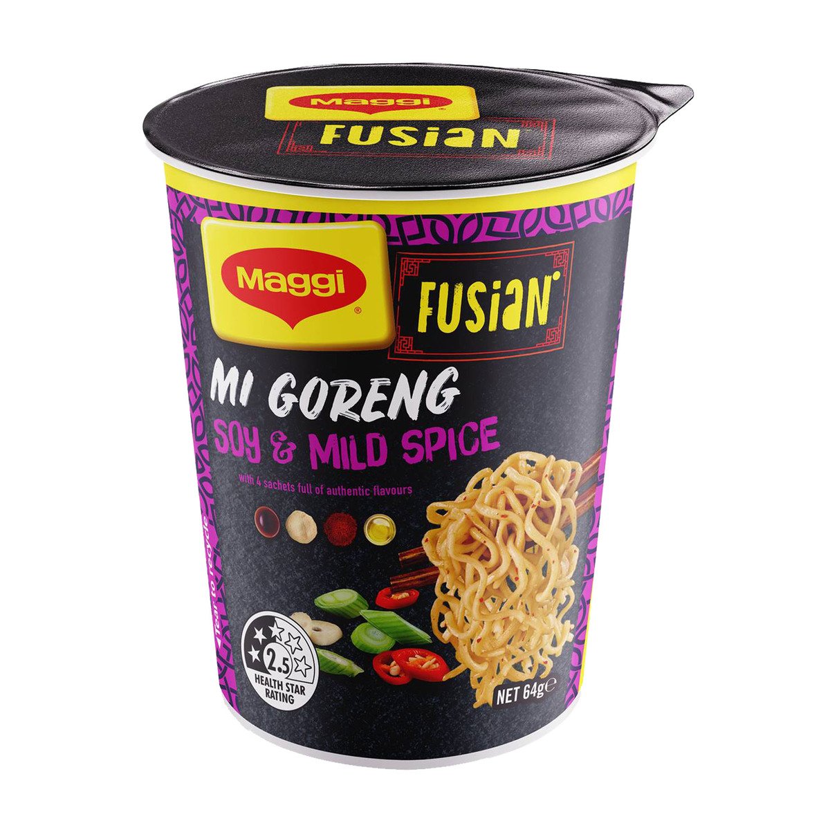 Maggi Fusian Cup Noodles Mi Goreng Soy & Mild Spice 64g