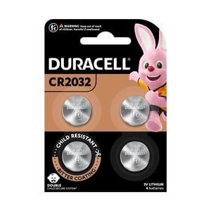 Duracell Specialty 2032 Lithium Coin Battery 3V, pack of 4 (DL2032/CR2032) suitable for use in keyfobs, scales, wearables and medical devices.