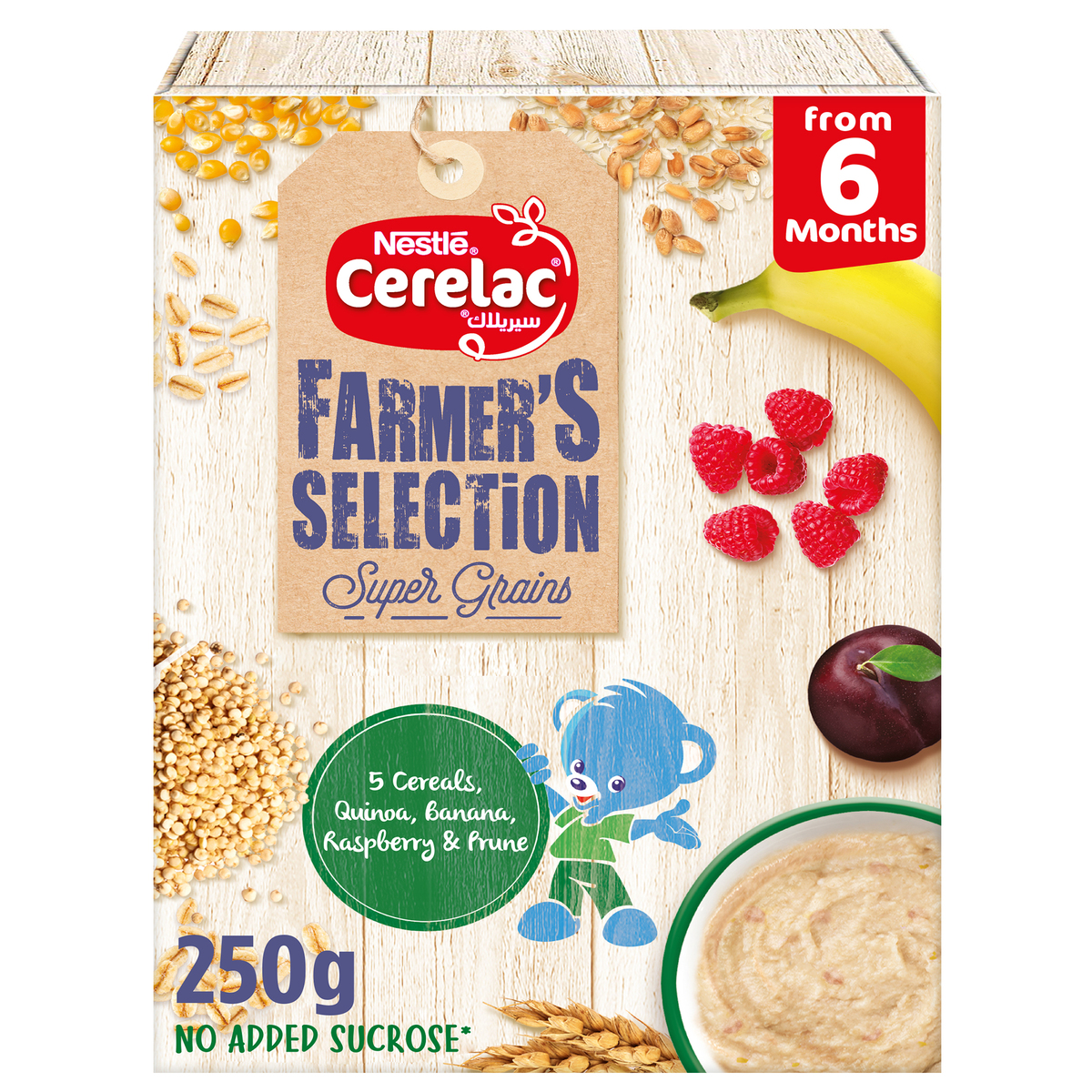 Nestle Cerelac Farmer's Selection Bib 5 Cereals Quinoa Banana Raspberry & Prune From 6 Months 250 g